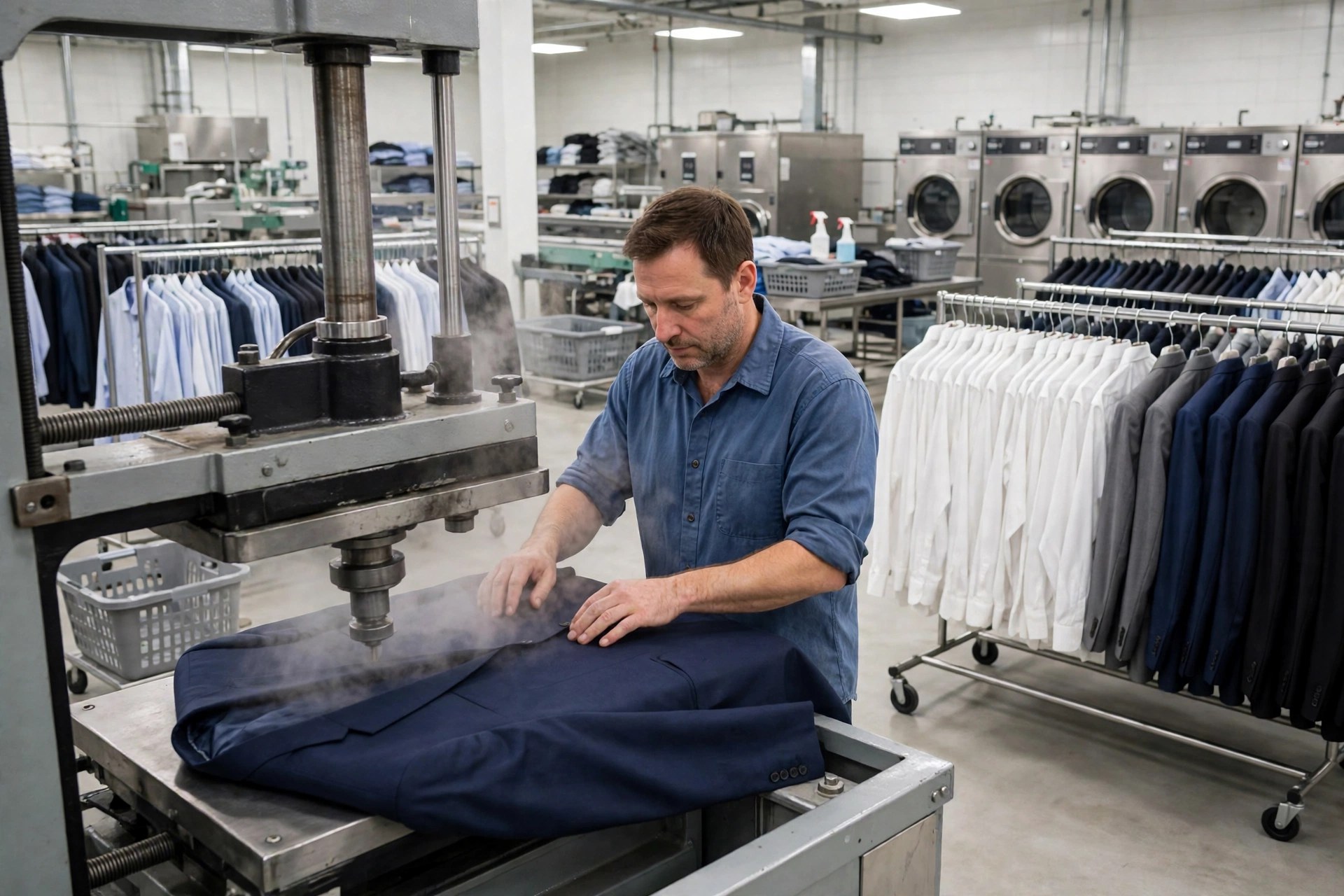 Pressing a suit at the B&L Cleaners dry cleaning plant in Pryor, Oklahoma