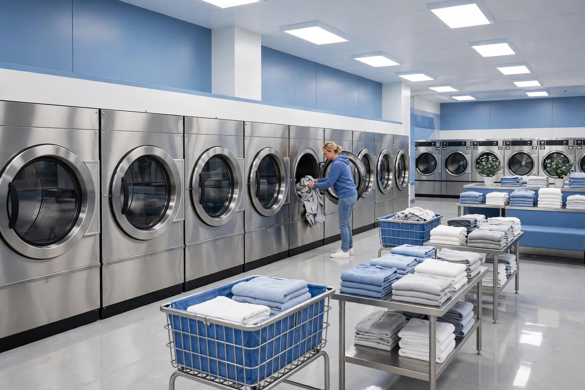 Large-capacity washers at the B&L Cleaners 1st Street laundromat in Pryor, Oklahoma