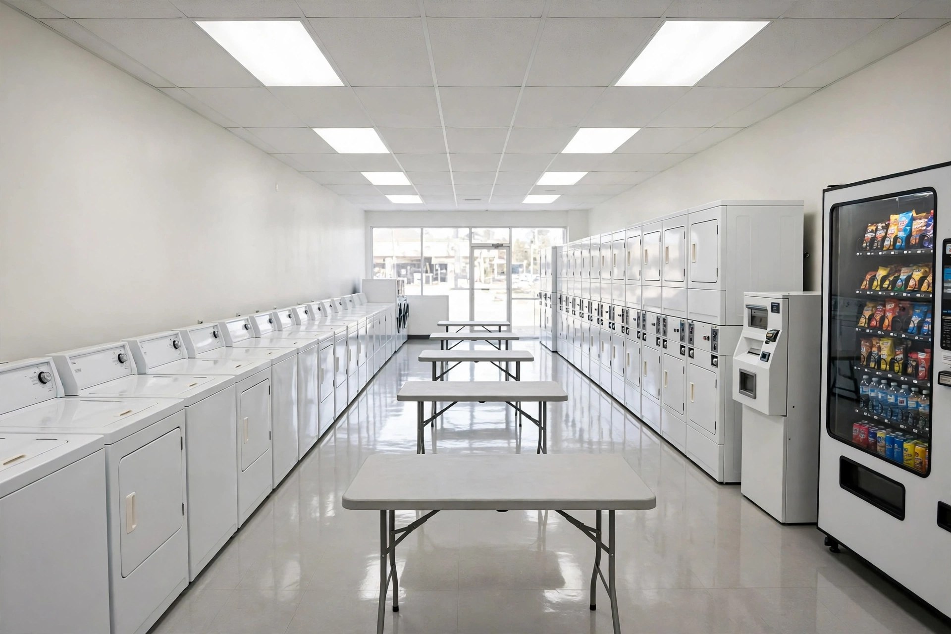 Coin-operated washers and dryers inside the B&L Cleaners N Orphan laundromat in Pryor, Oklahoma