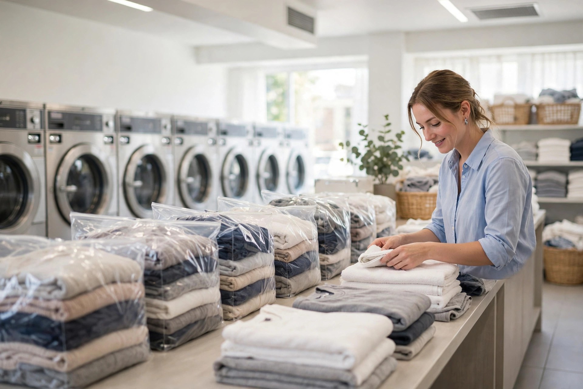 Folding freshly laundered clothes at the B&L Cleaners counter in Pryor, Oklahoma